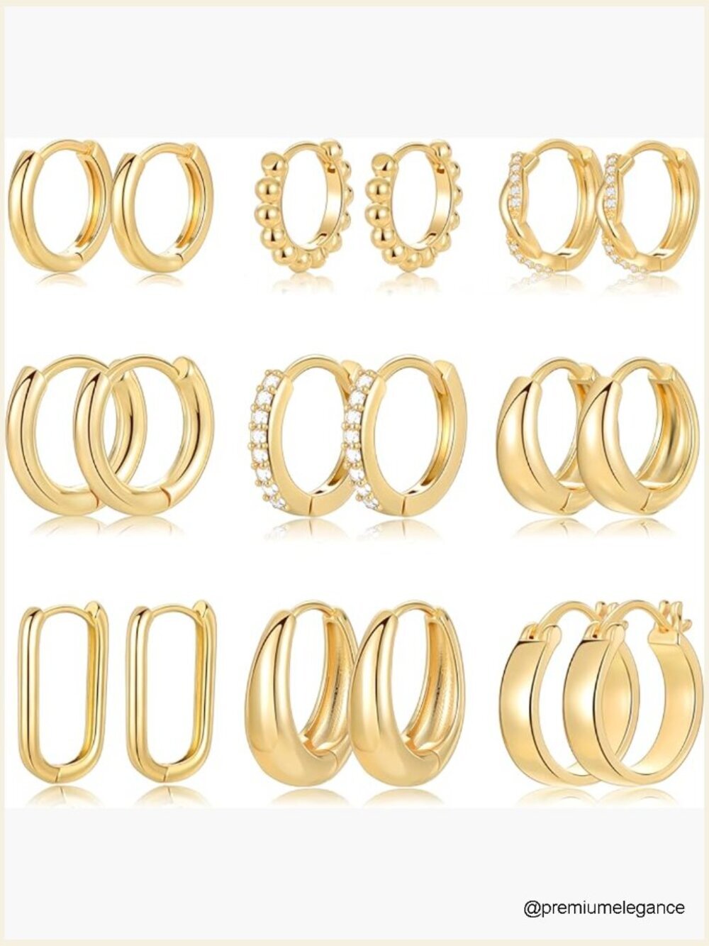 9 Pairs Chunky Hoop Huggie Earrings Set - 14K Gold Plated Hypoallergenic